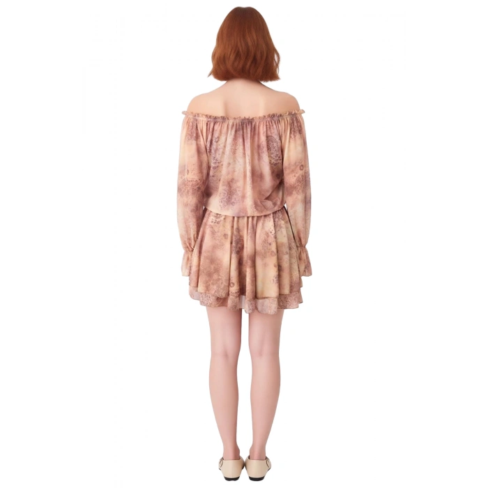 Kadın Tül Dokulu Skater Kalıp Carmen Yaka Uzun Balon Kol Fırfırlı Astarlı Mini Elbise Kaliteli