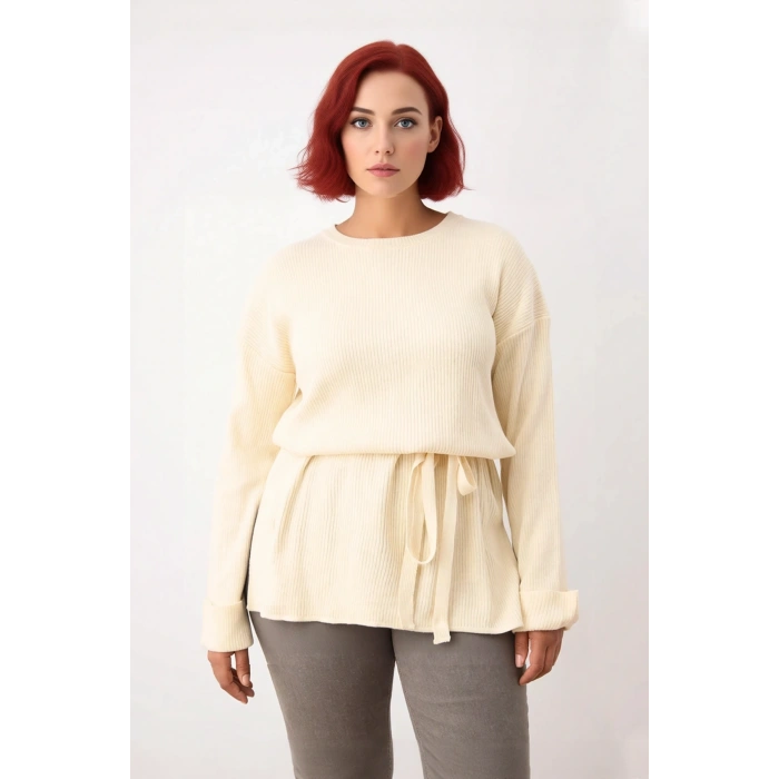 Kadın Tunik Siluet Beli Kuşaklı Düz Desen Bisiklet Yaka Uzun Kollu Relaxed Triko Kazak Kış İçin