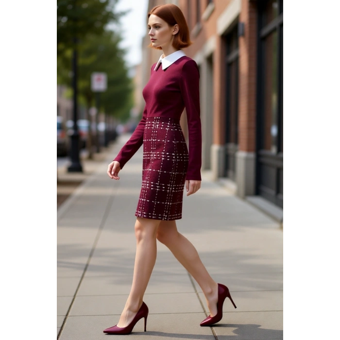 Kadın Tüvit Dokuma Ekose Desenli Gömlek Yaka A Line Elbise Soğuk Hava Şıklığıyla Gardırobunu Yenile