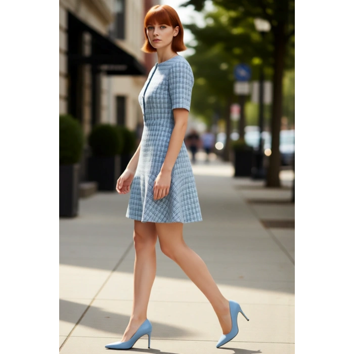 Kadın Tüvit Dokuma Skater Mini Elbise Bisiklet Yaka Kısa Kollu Modern Ofis Şıklığı İçin İdeal