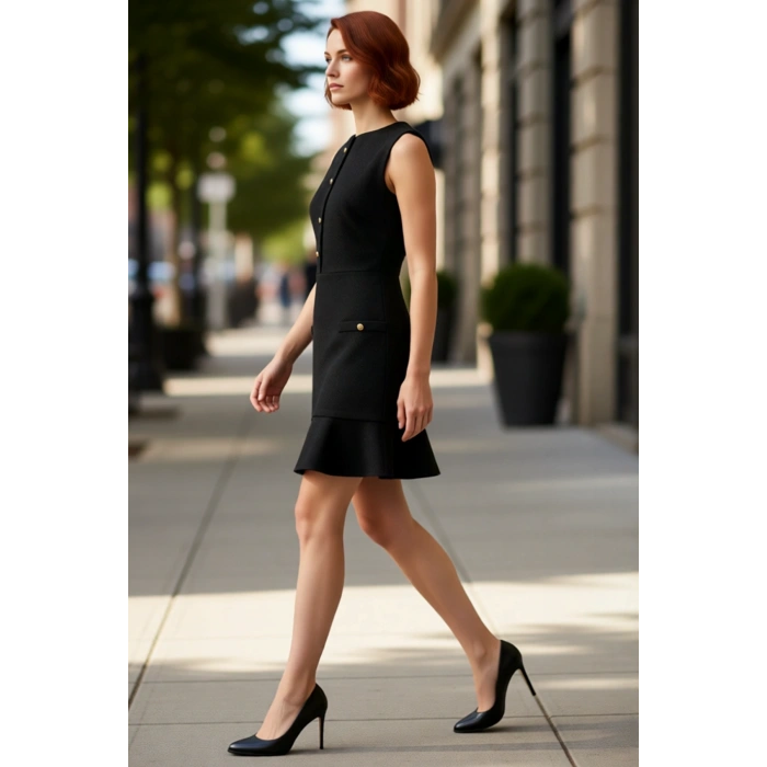 Kadın Tüvit Düğmeli A Kesim Kolsuz Mini Elbise Şık Bisiklet Yaka Tasarımıyla Kış Kombinlerine