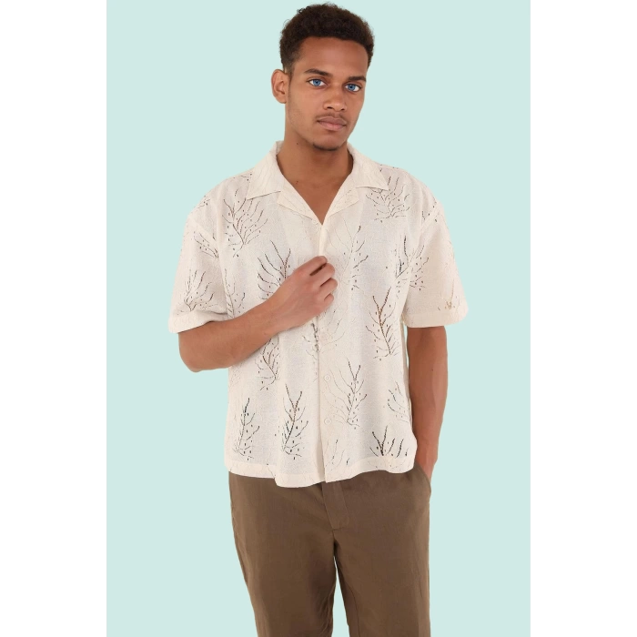 Kadın Unisex Yazlık Boxy Fit Gömlek Apaş Yaka Çiçekli Desen Kısa Kol Regular Günlük Kullanım