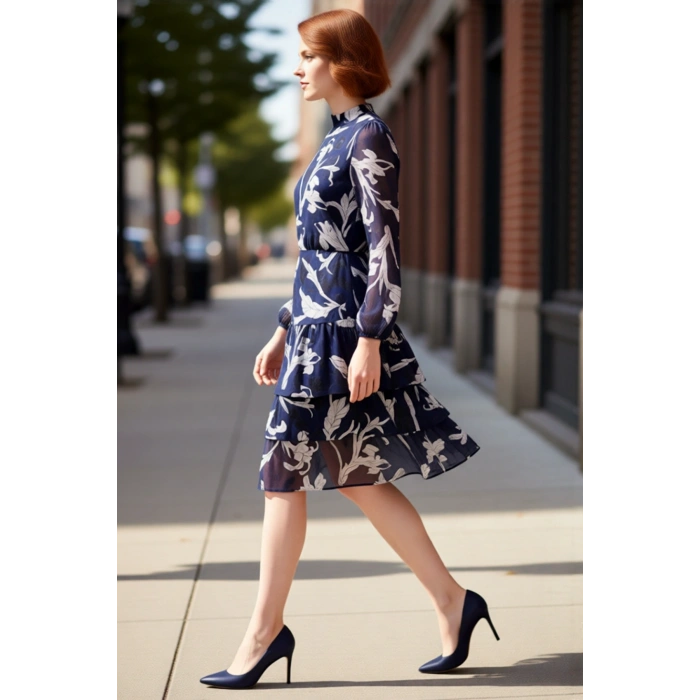 Kadın Uzun Balon Kol Dik Yaka Midi Skater Çiçekli Fırfırlı Şifon Astarlı Şık Elbise Modeli