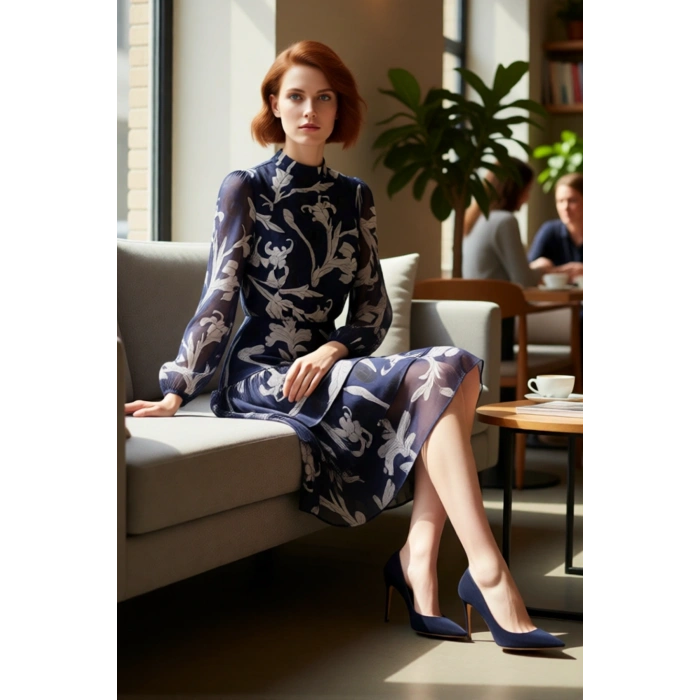 Kadın Uzun Balon Kol Dik Yaka Midi Skater Çiçekli Fırfırlı Şifon Astarlı Şık Elbise Modeli