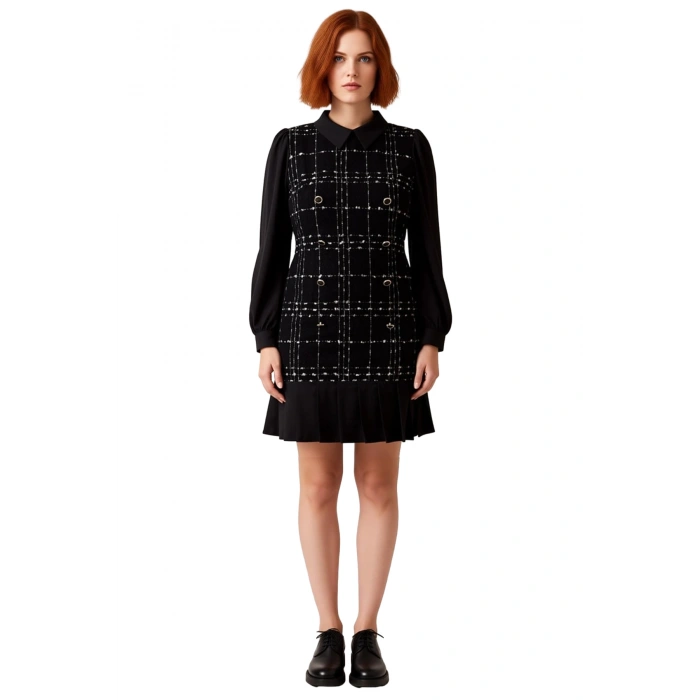 Kadın Uzun Balon Kol Gömlek Yaka Ekose Tüvit Elbise Modern A line Kesim Kısa Boy Kış İçin Kaliteli