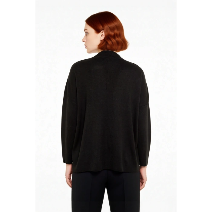 Kadın Uzun Boy Triko Dik Yaka Düşük Kol Rahat Kalıp Büyük Beden Yanları Yırtmaçlı Kazak Kış