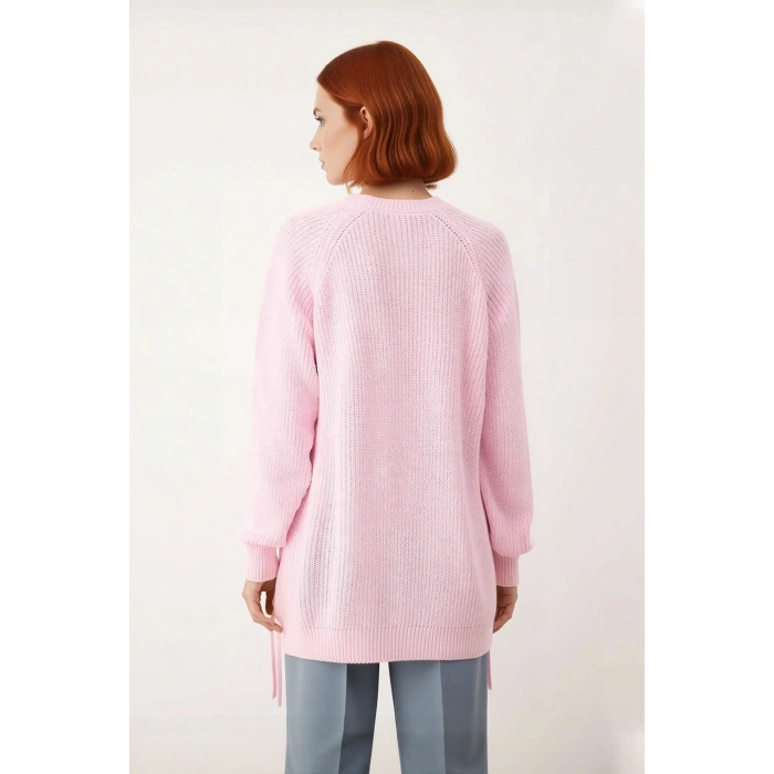 Kadın Uzun Kesim Bisiklet Yaka Reglan Kol Selanik Dokuma Örgü Detaylı Akrilik Triko Kazak Kaliteli