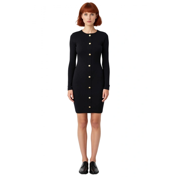 Kadın Uzun Kol Bodycon Kesim Düğmeli Fitilli Bisiklet Yaka Mini Elbise Modern Görünüm Kaliteli