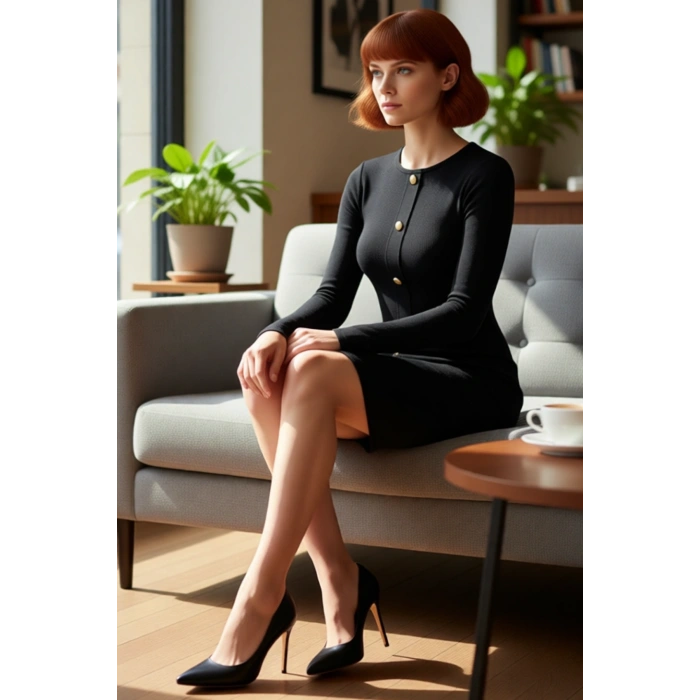 Kadın Uzun Kol Bodycon Kesim Düğmeli Fitilli Bisiklet Yaka Mini Elbise Modern Görünüm Kaliteli