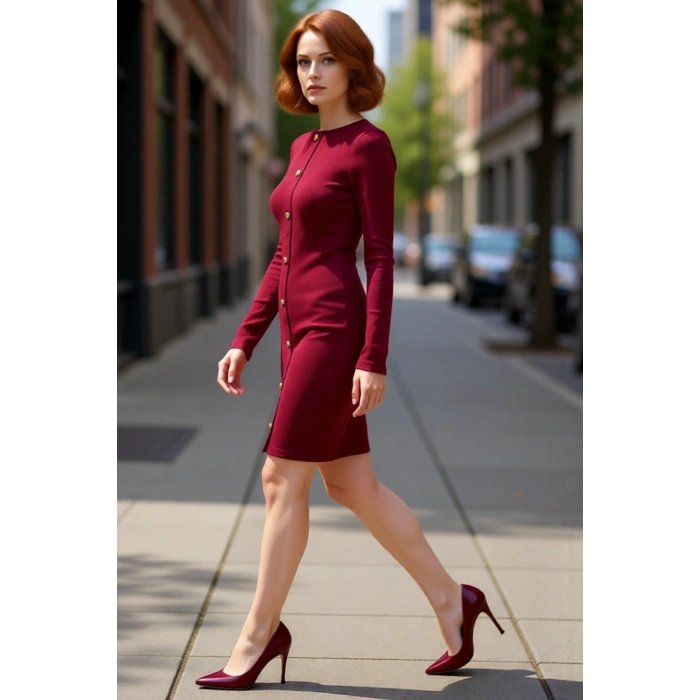 Kadın Uzun Kol Bodycon Kesim Düğmeli Fitilli Bisiklet Yaka Mini Elbise Modern Görünüm Kaliteli