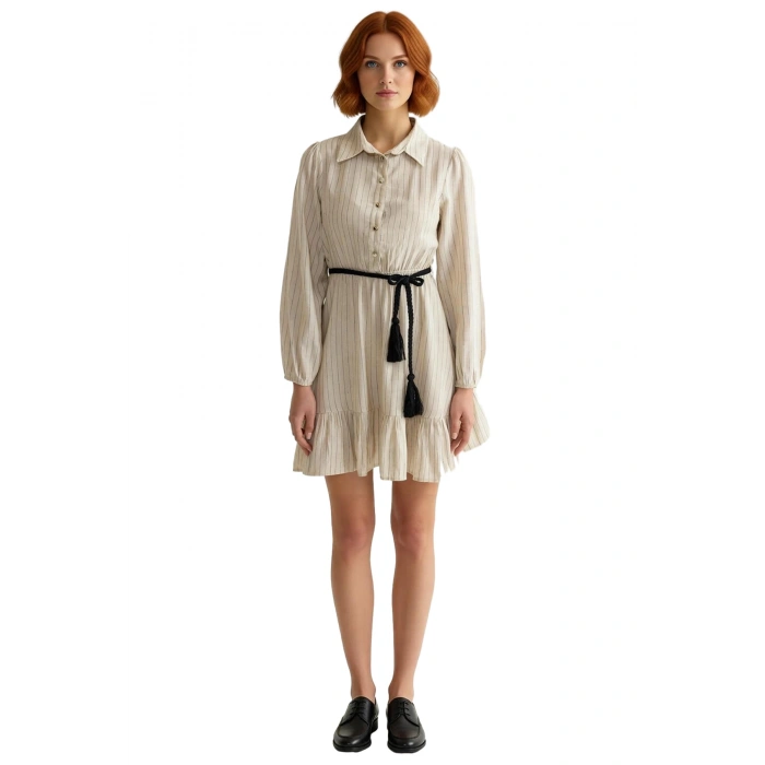 Kadın Uzun Kol Çizgili Gömlek Yaka Düğmeli Keten Görünümlü Skater Kesim Mini Elbise Sonbahar