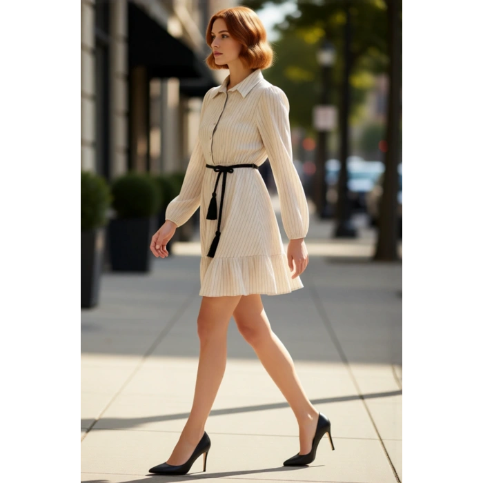 Kadın Uzun Kol Çizgili Gömlek Yaka Düğmeli Keten Görünümlü Skater Kesim Mini Elbise Sonbahar