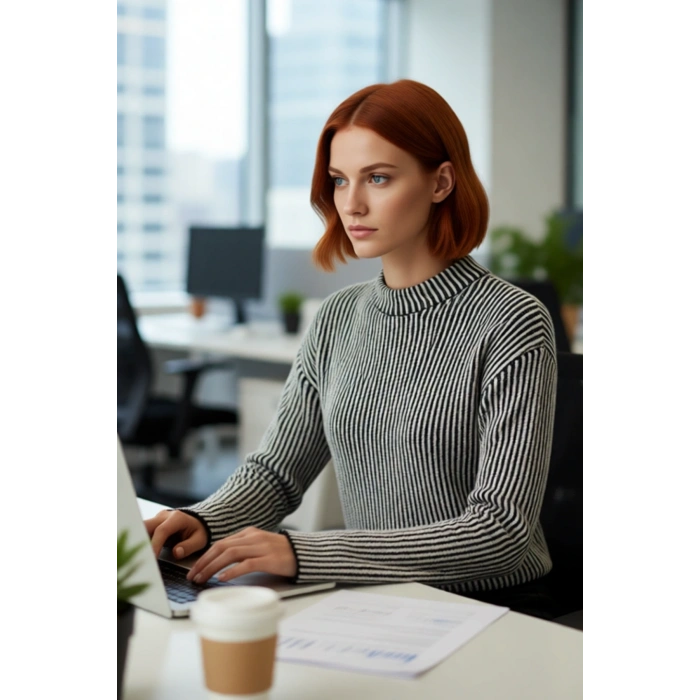 Kadın Uzun Kol Dik Yaka Çizgili Crop Triko Kazak Sonbahar Kış İçin Rahat Şık Giyim Kaliteli