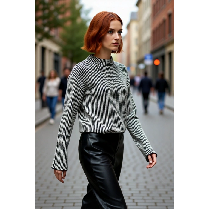 Kadın Uzun Kol Dik Yaka Çizgili Crop Triko Kazak Sonbahar Kış İçin Rahat Şık Giyim Kaliteli