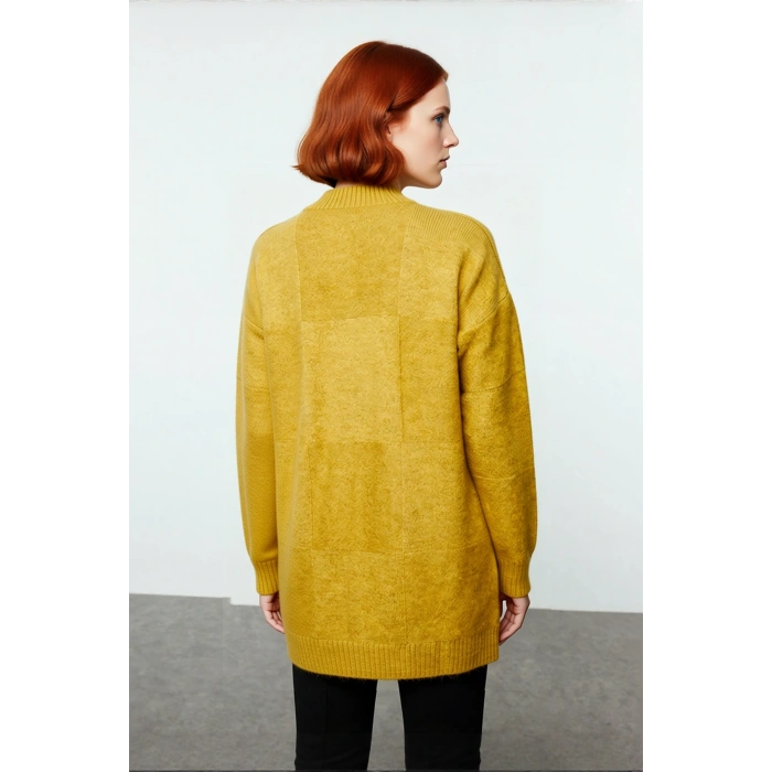 Kadın Uzun Kol Dik Yaka Regular Kalıp Geometrik Desen Triko Tunik Kazak Günlük Şıklığı Tamamlar