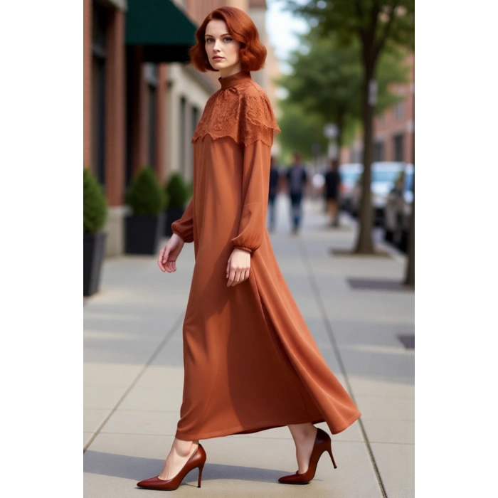 Kadın Uzun Kol Dik Yaka Skater Elbise Dokuma Polyester Kumaş Şık Gece Kombinlerinin Vazgeçilmezi