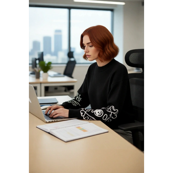 Kadın Uzun Kol Düşük Omuz Nakış Desenli Oversize Bisiklet Yaka Triko Kazak Kış Günlük Kombin