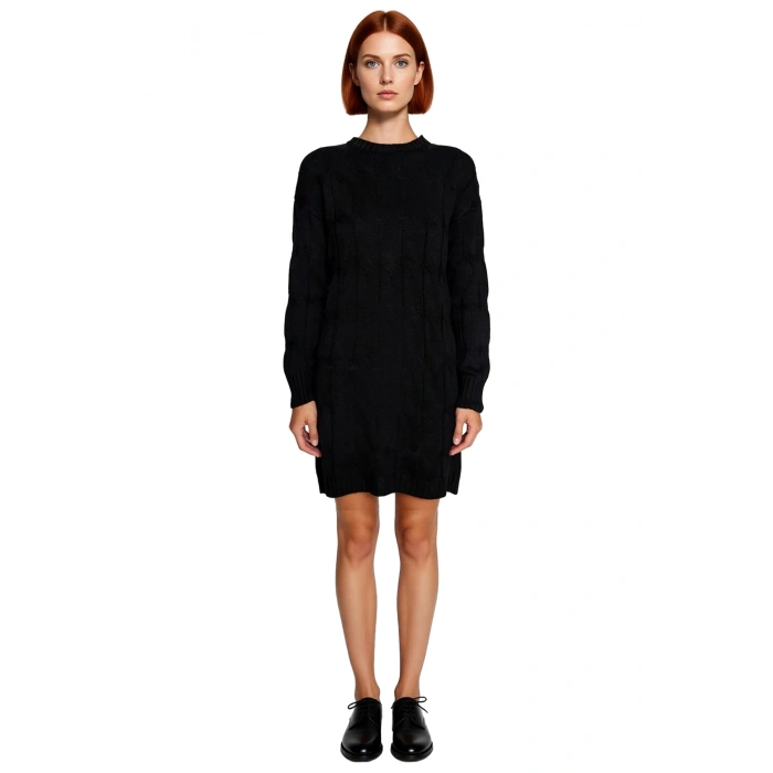 Kadın Uzun Kol Düşük Omuz Triko Saç Örgü Desenli Mini Elbise Günlük Şıklık Ve Rahatlık Kaliteli