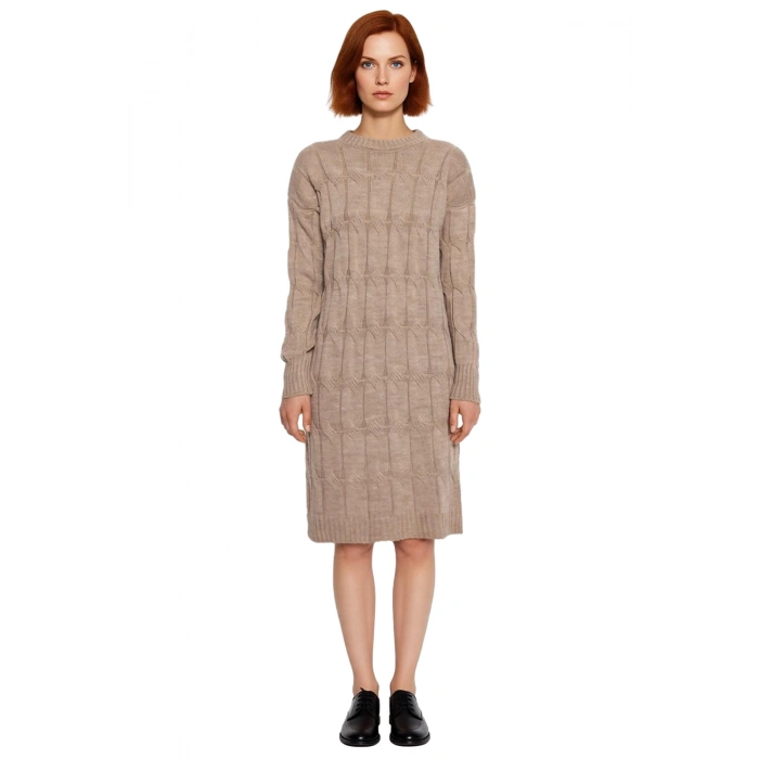 Kadın Uzun Kol Düşük Omuz Triko Saç Örgü Desenli Mini Elbise Günlük Şıklık Ve Rahatlık Kaliteli