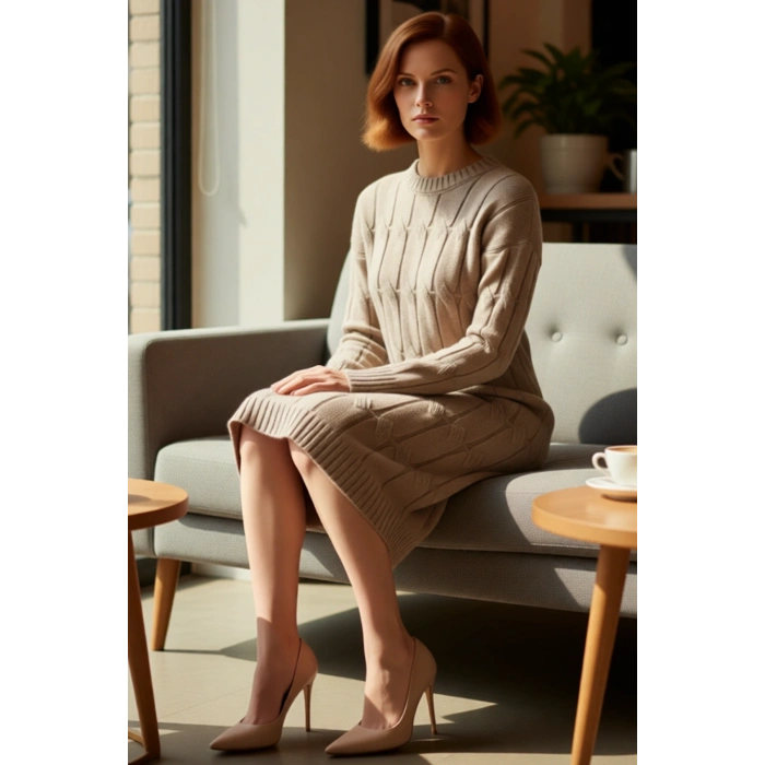 Kadın Uzun Kol Düşük Omuz Triko Saç Örgü Desenli Mini Elbise Günlük Şıklık Ve Rahatlık Kaliteli