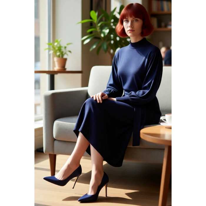 Kadın Uzun Kol Düz Akrilik Triko Elbise Dik Yaka Balon Kollu Maxi Boy Kemerli Günlük Şıklık