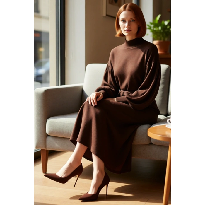 Kadın Uzun Kol Düz Akrilik Triko Elbise Dik Yaka Balon Kollu Maxi Boy Kemerli Günlük Şıklık