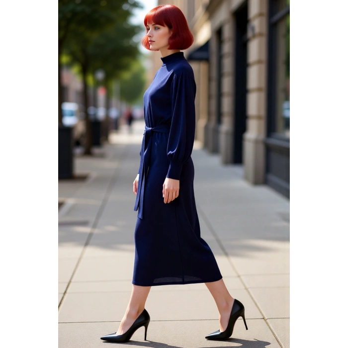 Kadın Uzun Kol Düz Akrilik Triko Elbise Dik Yaka Balon Kollu Maxi Boy Kemerli Günlük Şıklık