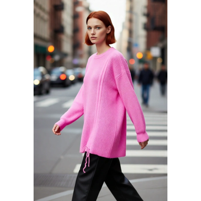 Kadın Uzun Kol Kışlık Ekru Selanik Örgü Triko Kazak Düşük Omuz Asimetrik Büzgü Detayı Kaliteli