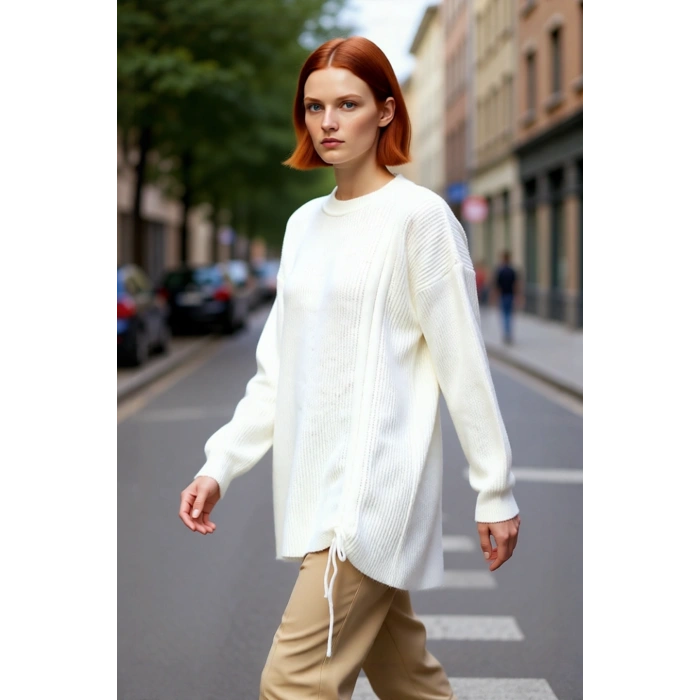 Kadın Uzun Kol Kışlık Ekru Selanik Örgü Triko Kazak Düşük Omuz Asimetrik Büzgü Detayı Kaliteli