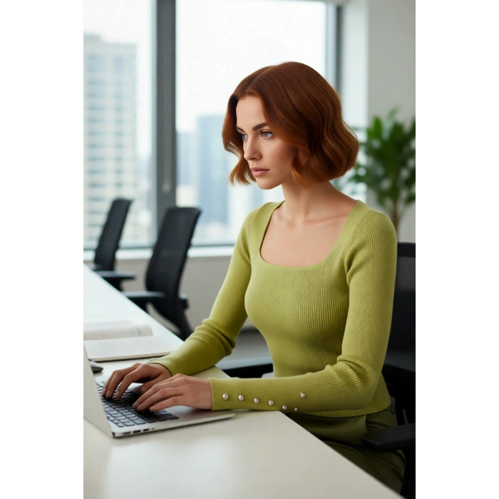 Kadın Uzun Kol Siyah Triko Kazak Fitted Kare Yaka Düğmeli Fitilli Model İlkbahar Sonbahar Kaliteli