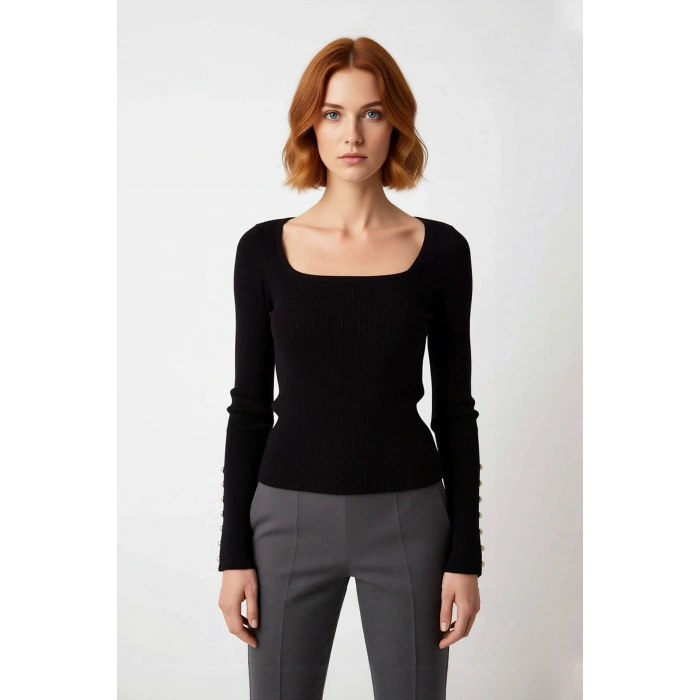 Kadın Uzun Kol Siyah Triko Kazak Fitted Kare Yaka Düğmeli Fitilli Model İlkbahar Sonbahar Kaliteli