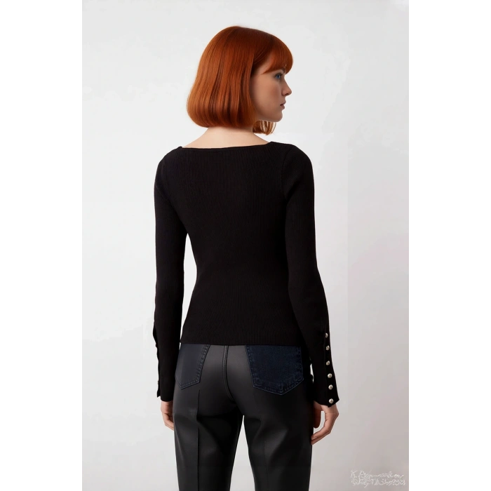 Kadın Uzun Kol Siyah Triko Kazak Fitted Kare Yaka Düğmeli Fitilli Model İlkbahar Sonbahar Kaliteli