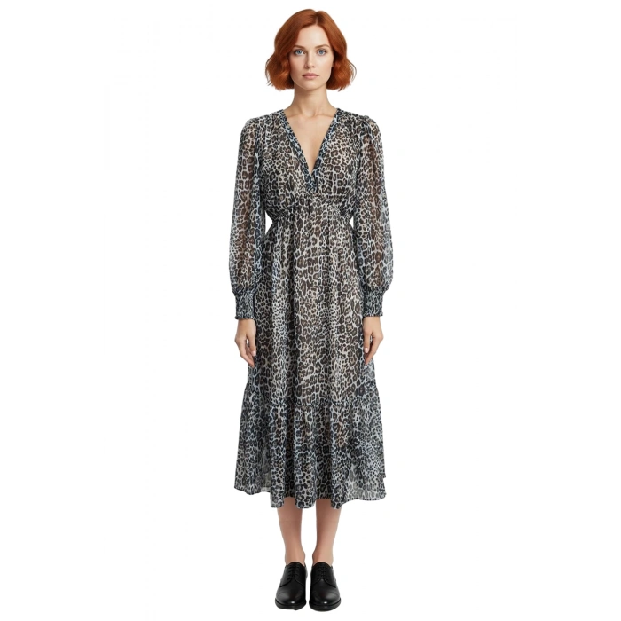 Kadın Uzun Kol V Yaka Skater Siluet Soyut Desenli Midi Elbise Şifon Dokuma Kış Günleri Zarafeti