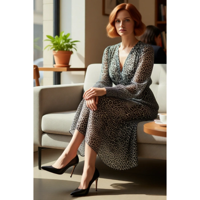 Kadın Uzun Kol V Yaka Skater Siluet Soyut Desenli Midi Elbise Şifon Dokuma Kış Günleri Zarafeti