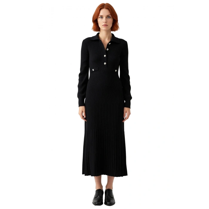 Kadın Uzun Kollu %100 Akrilik Ribana Triko Elbise Polo Yakalı Günlük ve Rahat Kış Kombinleri