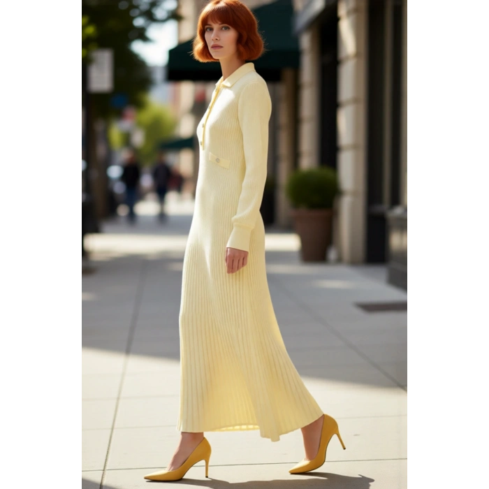 Kadın Uzun Kollu %100 Akrilik Ribana Triko Elbise Polo Yakalı Günlük ve Rahat Kış Kombinleri