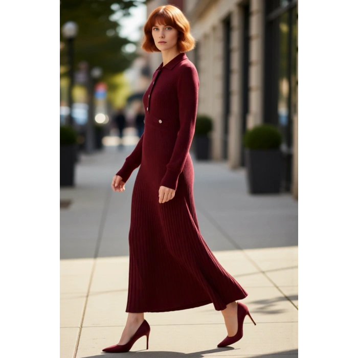 Kadın Uzun Kollu %100 Akrilik Ribana Triko Elbise Polo Yakalı Günlük ve Rahat Kış Kombinleri