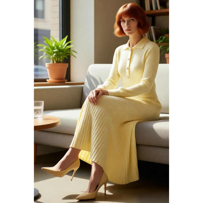 Kadın Uzun Kollu %100 Akrilik Ribana Triko Elbise Polo Yakalı Günlük ve Rahat Kış Kombinleri