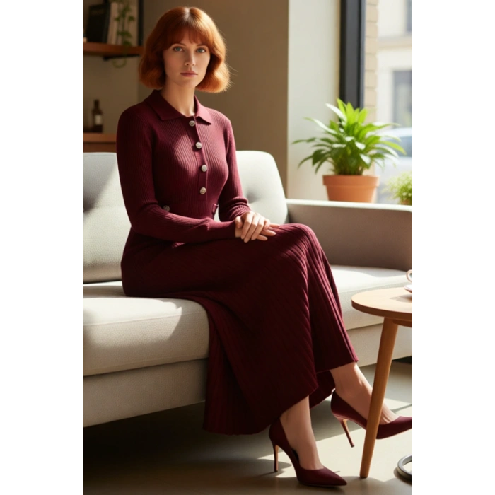 Kadın Uzun Kollu %100 Akrilik Ribana Triko Elbise Polo Yakalı Günlük ve Rahat Kış Kombinleri