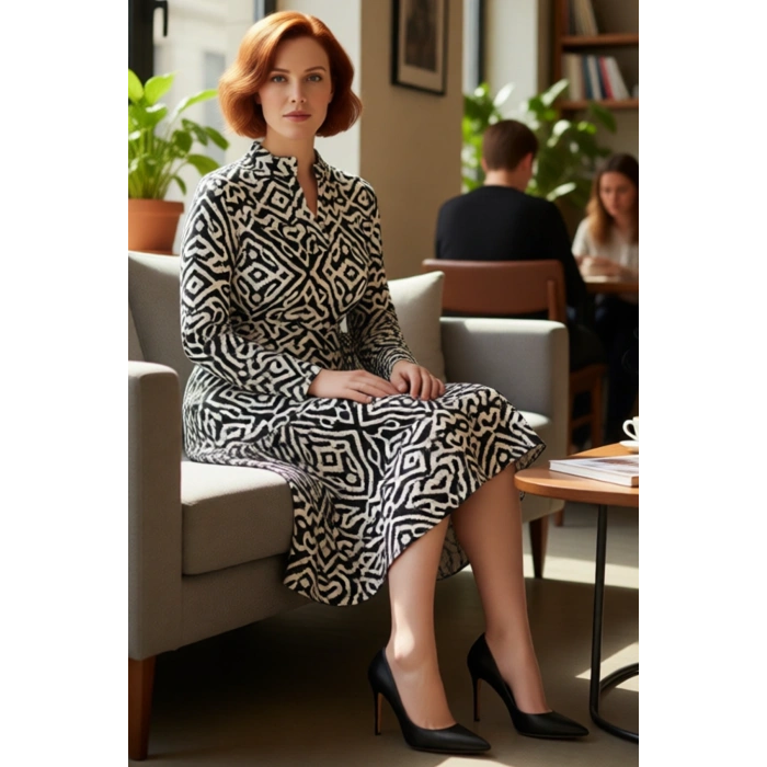 Kadın Uzun Kollu A Line Kısa Örme Etnik Desenli Polo Yaka Bürümcük Günlük Elbise Modern Stil