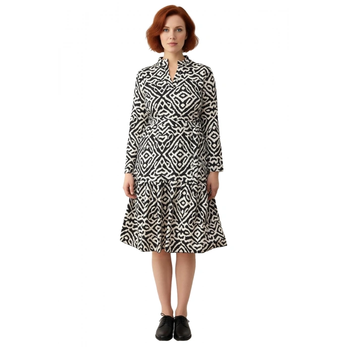 Kadın Uzun Kollu A Line Kısa Örme Etnik Desenli Polo Yaka Bürümcük Günlük Elbise Modern Stil