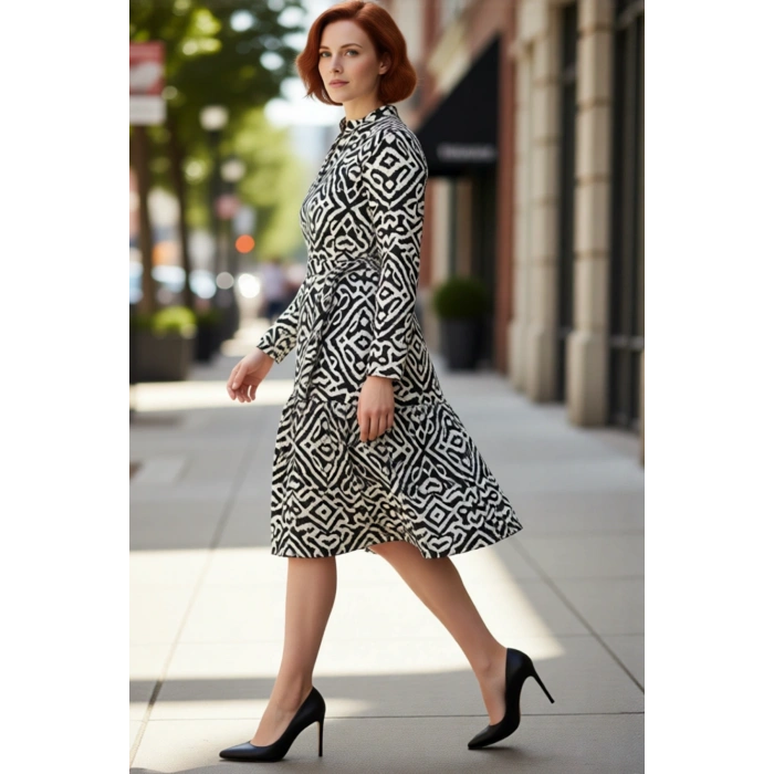 Kadın Uzun Kollu A Line Kısa Örme Etnik Desenli Polo Yaka Bürümcük Günlük Elbise Modern Stil