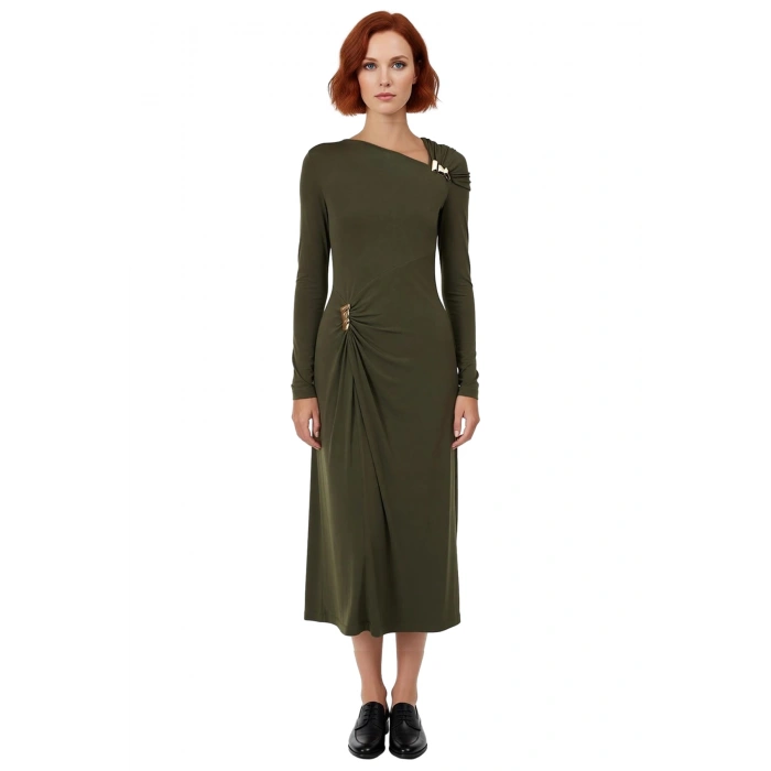 Kadın Uzun Kollu Asimetrik Yaka Bodycon Kesim Örme Maxi Elbise Mezuniyet Balo Şıklığı İçin