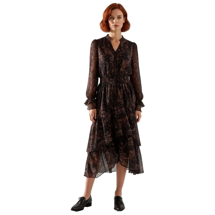 Kadın Uzun Kollu Astarlı Şifon Midi Elbise Şal Desenli Anahtar Deliği Yaka Skater Kalıp Sonbahar Kış