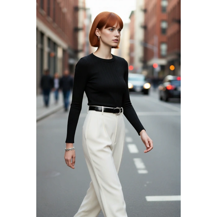 Kadın Uzun Kollu Basic Fitted Bisiklet Yaka Triko Kazak İlkbahar Sonbahar Günlerine Şıklık Katıyor