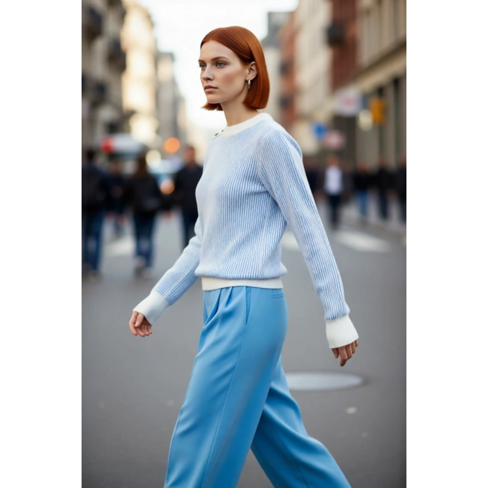 Kadın Uzun Kollu Bisiklet Yaka Çizgili Düğmeli Regular Fit Triko Kazak Soğuk Havalarda Şıklık Sunar