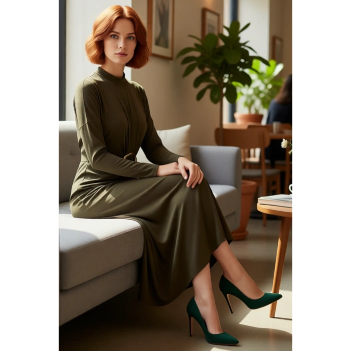 Kadın Uzun Kollu Bodycon Kesim Örme Sandy Maxi Elbise Dik Yaka Detaylı Zarif Ve Rahat Stil