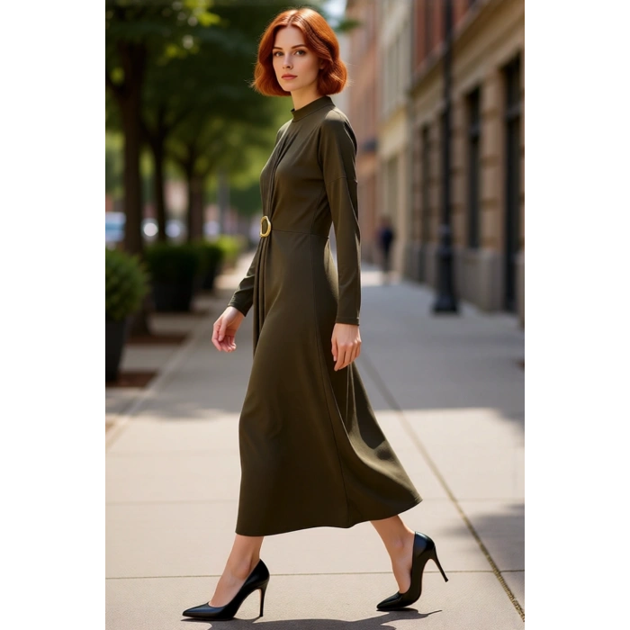 Kadın Uzun Kollu Bodycon Kesim Örme Sandy Maxi Elbise Dik Yaka Detaylı Zarif Ve Rahat Stil