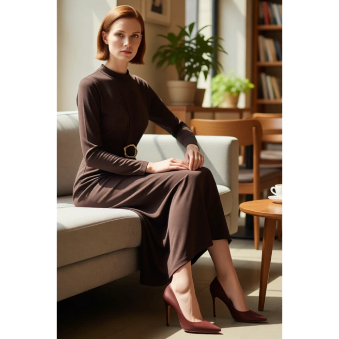 Kadın Uzun Kollu Bodycon Kesim Örme Sandy Maxi Elbise Dik Yaka Detaylı Zarif Ve Rahat Stil