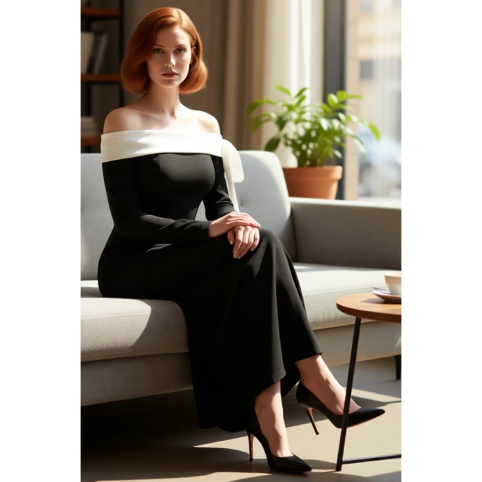 Kadın Uzun Kollu Bodycon Maxi Elbise Carmen Yaka Scuba Krep Şık Gece Davetleri İçin İdeal Seçim